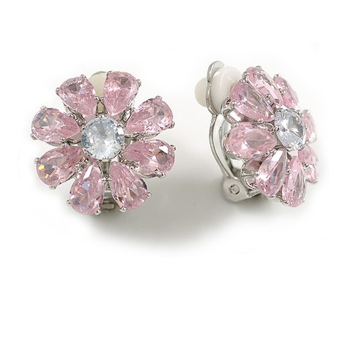 Pink/Clear Cz Flower Clip On Earrings in Silver Tone - 17mm Diameter - Picture 2 of 6