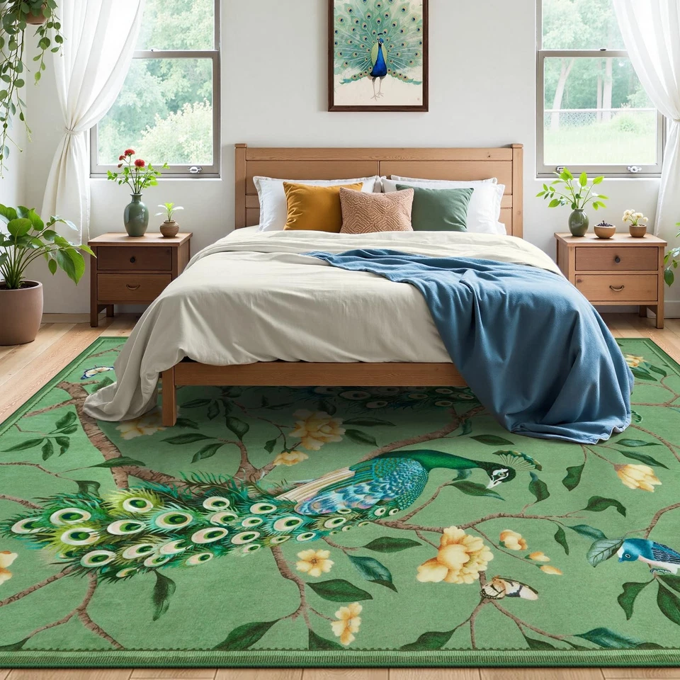 Caprichosas alfombras de pavo real 8x10, alfombra de área con estampado de animales para sala de estar botánico... Foto 3 de 4