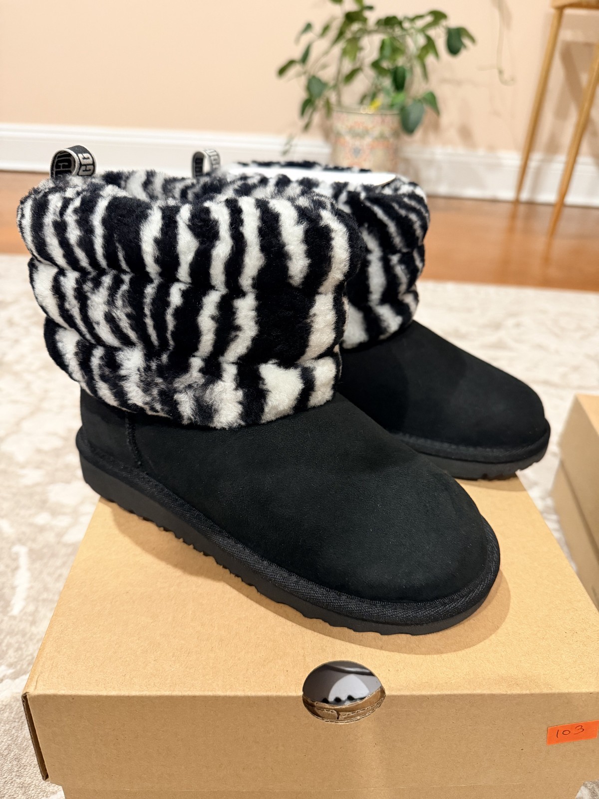 UGG Kid's Fluff Mini Quilted Boot- B/W Zebra