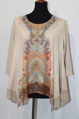 Live and Let Live Sz PM Suede 3/4 Sleeve Blouse Top Eastern Print Shark Bite Hem