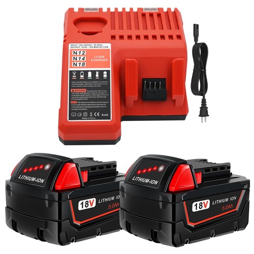 FirstPower 2-Pack 5.0Ah Battery & Charger Kit – Replacement For Milwaukee M18, Multi-Voltage 12V/18V Charger, Compatible With M18 Cordless Power Tools