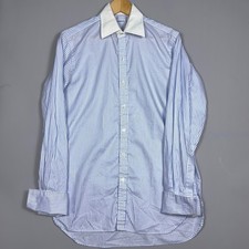 Drakes Striped Dress Shirt Mens Size 15.5 Cotton Spread Collar Blue Preppy