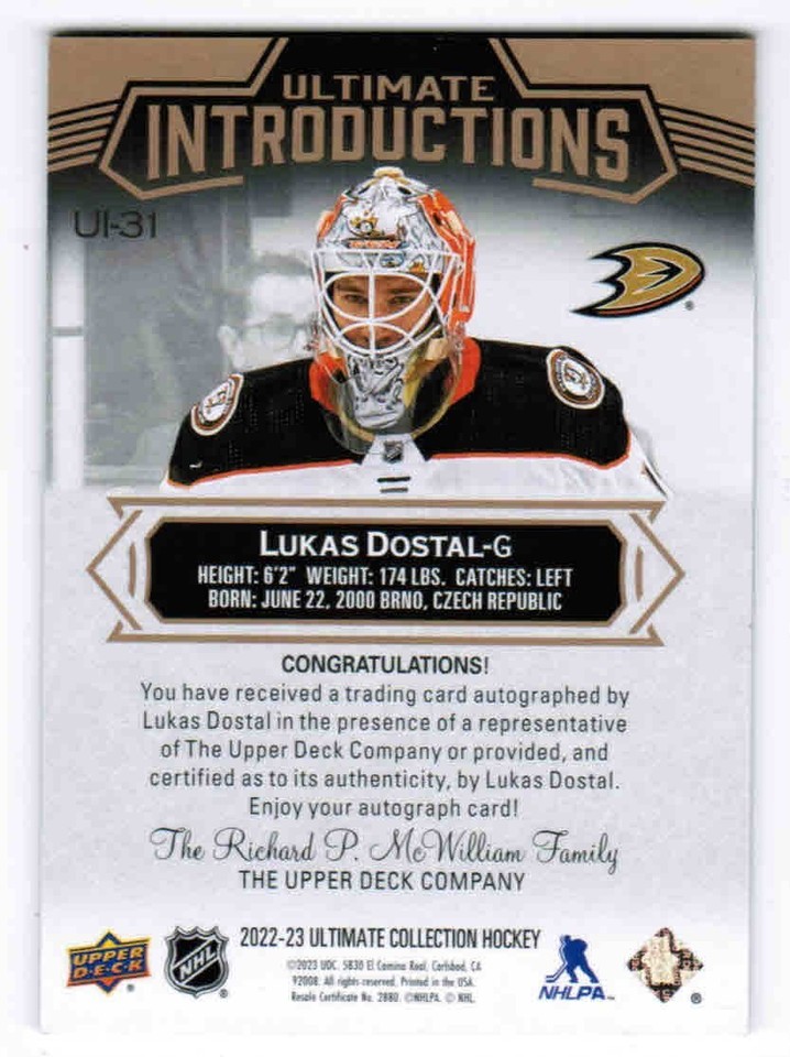 22/23 2022 UPPER DECK ULTIMATE COLLECTION LUKAS DOSTAL UI-31 ...