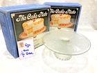 1 Jeanette Glass Pedestal Cake Plate  Harp Lyre Round 10”  box 2avail new vintag