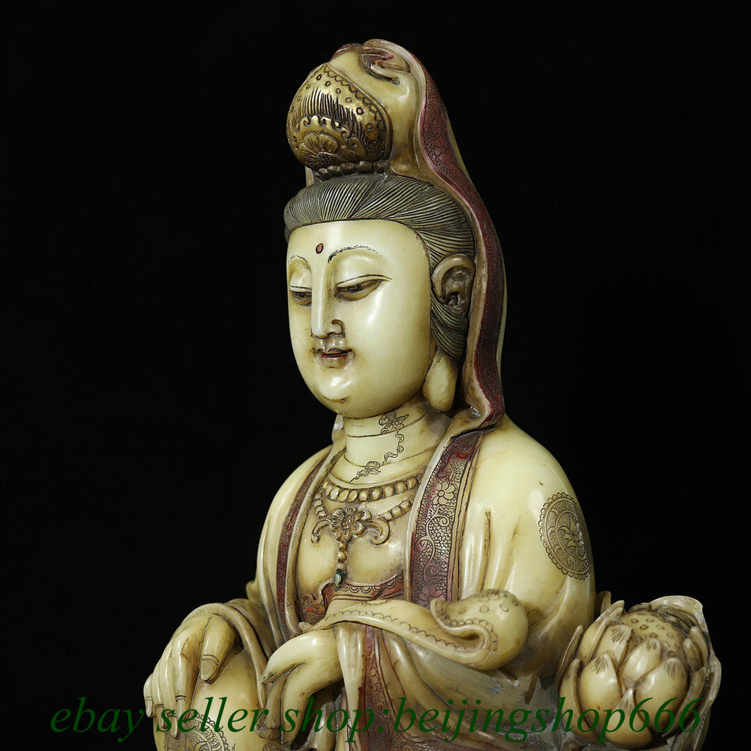 12.2" Chinese Tianhuang Shoushan Stone Kwanyin Guan yin Goddess Ru yi