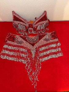 Handmade belly dancer burlesque performer costume red and silver beads 