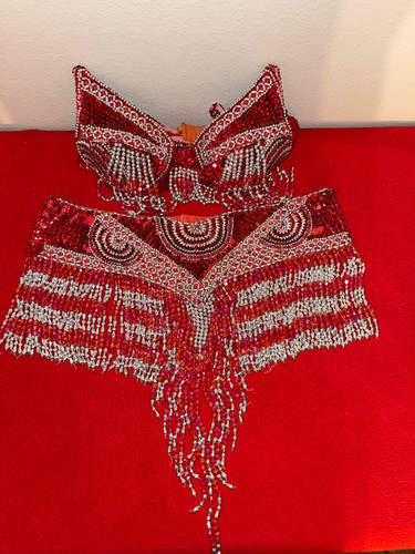 Handmade belly dancer burlesque performer costume red and silver beads 