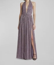 $695 Halston Women's Purple Sequin Plunging Open-Back A-Line Gown Dress Size 10