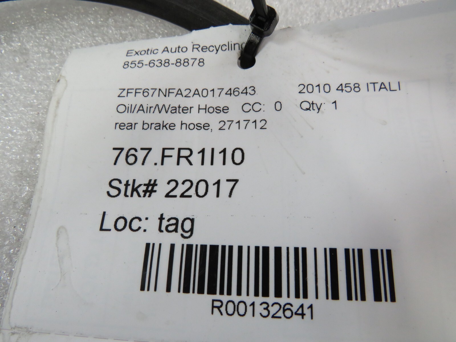Ferrari 458, 599, 612, FF, 430, Rear, Rubber Brake Hose/Line, Used, P/N 271712