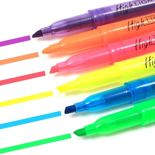 6 x FLUORESCENT HIGHLIGHTER MARKER PENS Assorted Colours Office School Pack Set
