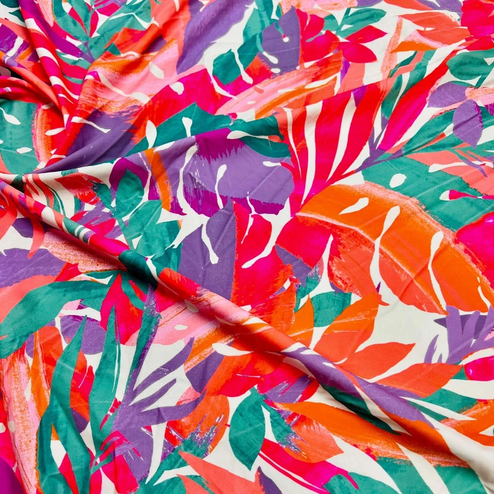 Tela de spandex de nailon con estampado de hojas hawaianas de colores tropicales de 4 vías Foto 3 de 4