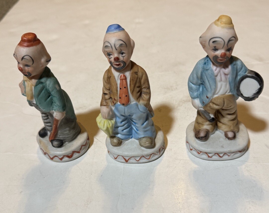 Ceramic Clown Figurines Set Of Three 5” Vintage Taiwan!!!