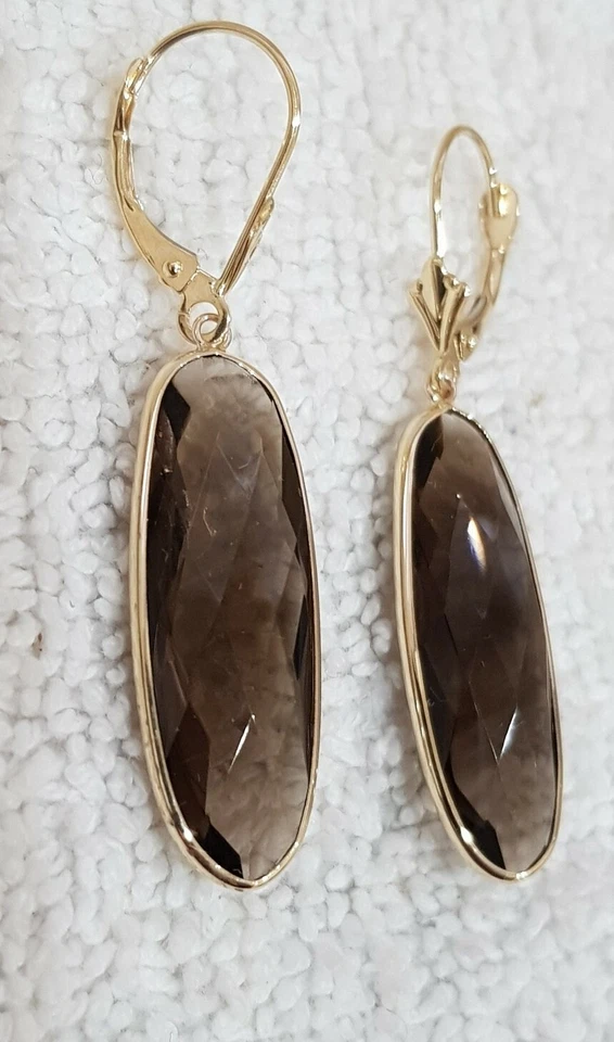14k Yellow Gold Earrings with Smoky Topaz 9×27 mm / Leverback. - Image 4 of 4