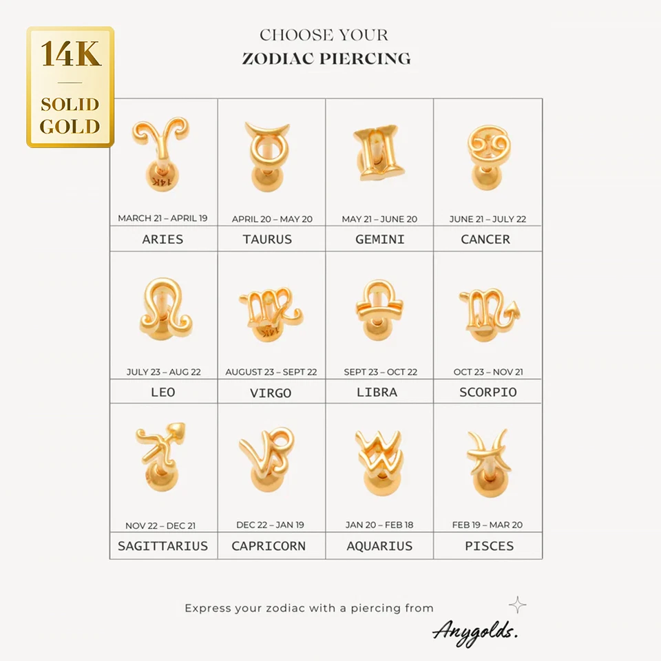 Piercing oreja pequeño signo del zodiaco oro macizo real 14K Daith hélice tragus caracola 18G Foto 2 de 4