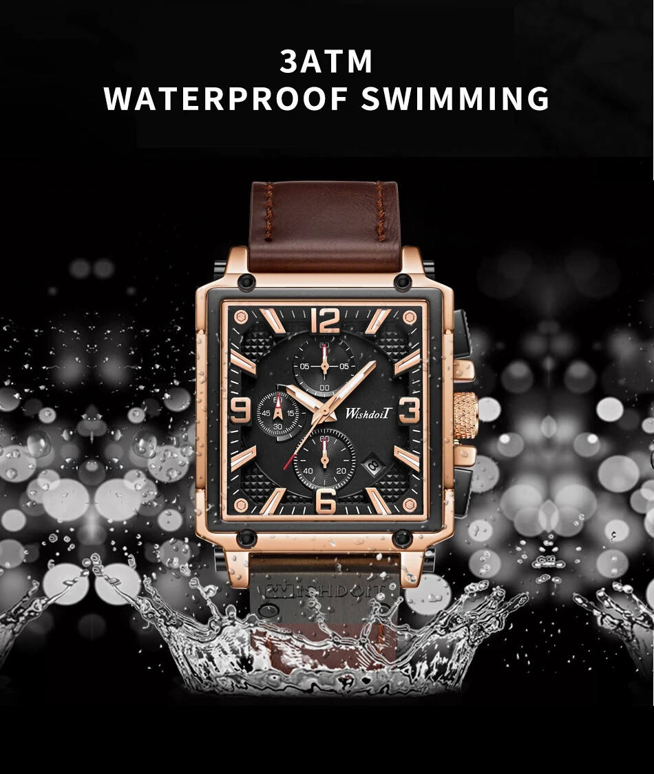 Montre Homme OLEVS Quartz Classique Carrée - Boîtier Doré Acier, Bracelet Cuir Marron, étanche 30m (neuf étiqueté)