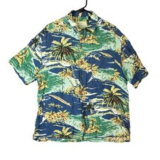 Island Fever Vintage Hawaiian Shirt Men Sz L Blue Tropical Short Sleeve Vacation