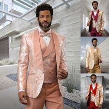 Retro Jacquard Men Suits 3 Pieces Blazer Pants Vest One Button Wedding Tuxedos