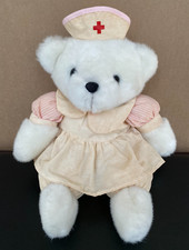 Vintage 1989 Prestige Toy Corp. 14" White Nurse Bear Plush Beige/Pink Dress RARE