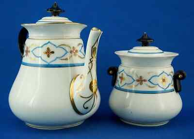 Ginori DOCCIA Italian Porcelain coffee pot & sugar bowl 1800 XIX EMPIRE Gold dec