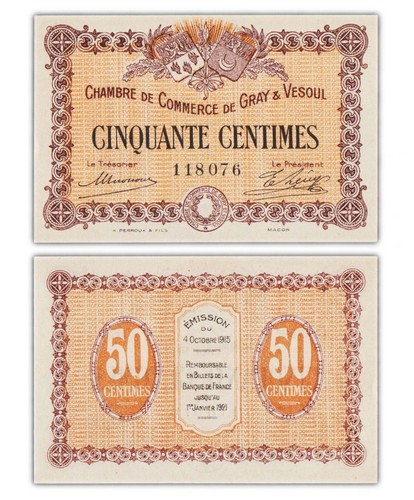 50 CENTIMES 1915 GRAY VESOUL / FRANKREICH [SUP / XF] Notgeldschein