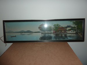 FRAMED 71.8 BY 17.8CM CHINESE JACQUARD LOOM SILK PICTURE OF BUILDING,HILLS &LAKE