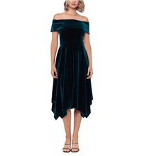 XSCAPE Green Cocktail Dress Velvet Off the Shoulder High Low Midi Hem Size 10