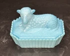 Antique Westmoreland Lamb Blue And White Milk Glass Lidded Dish