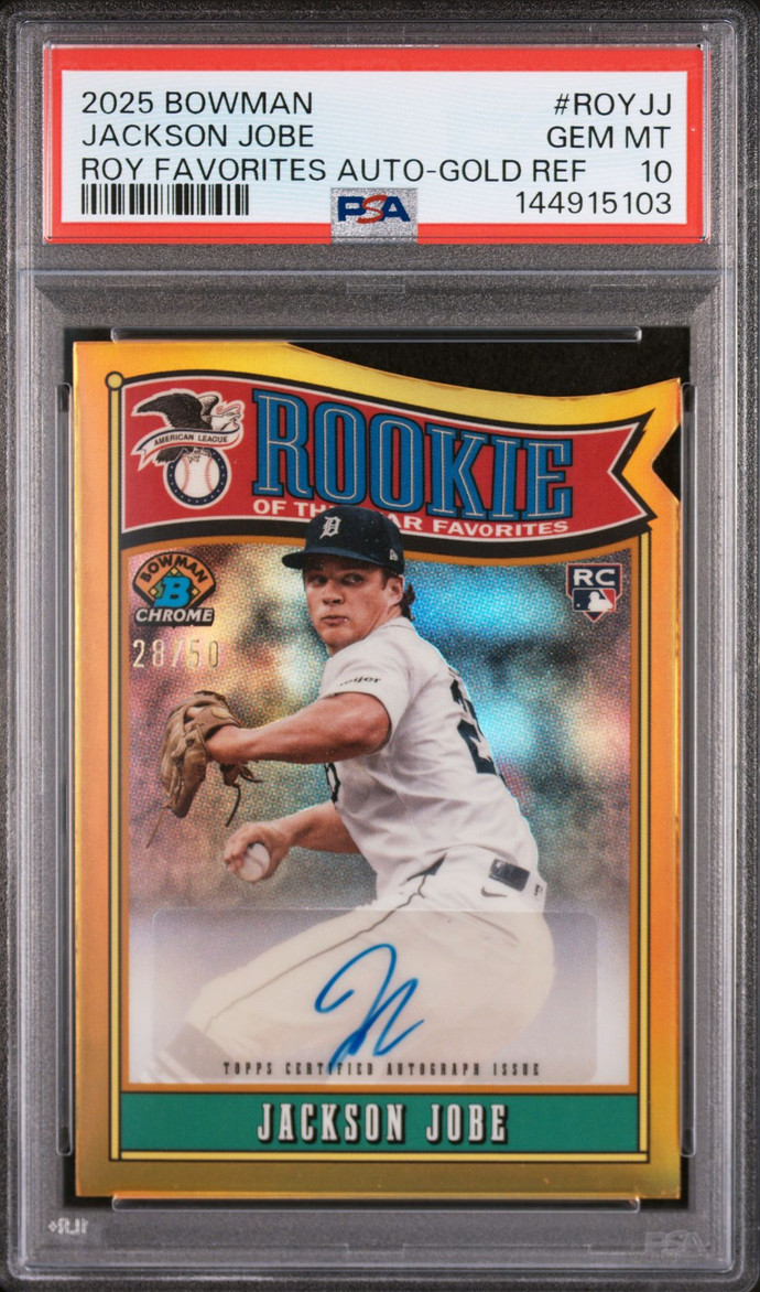 2025 BOWMAN JACKSON JOBE ROOKIE OF THE YEAR FAVORITES AUTO GOLD /50 #ROYJJ PSA10
