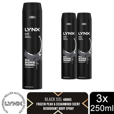 Lynx XXL Black Body Spray 250ml 3er Pack Herren Deo 48H Birne Zedernholz Duft