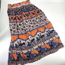 Vintage Semi-sheer Elephant Print Boho Maxi Skirt Orange Blue Black White India
