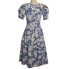 Vintage 90s Laura Ashley Dusty Purple Floral Midi Dress Puff Sleeve UK