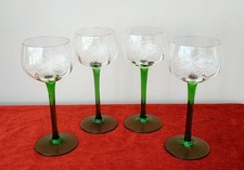Set Of Four Luminarc Etched Green Stem Wine Glasses