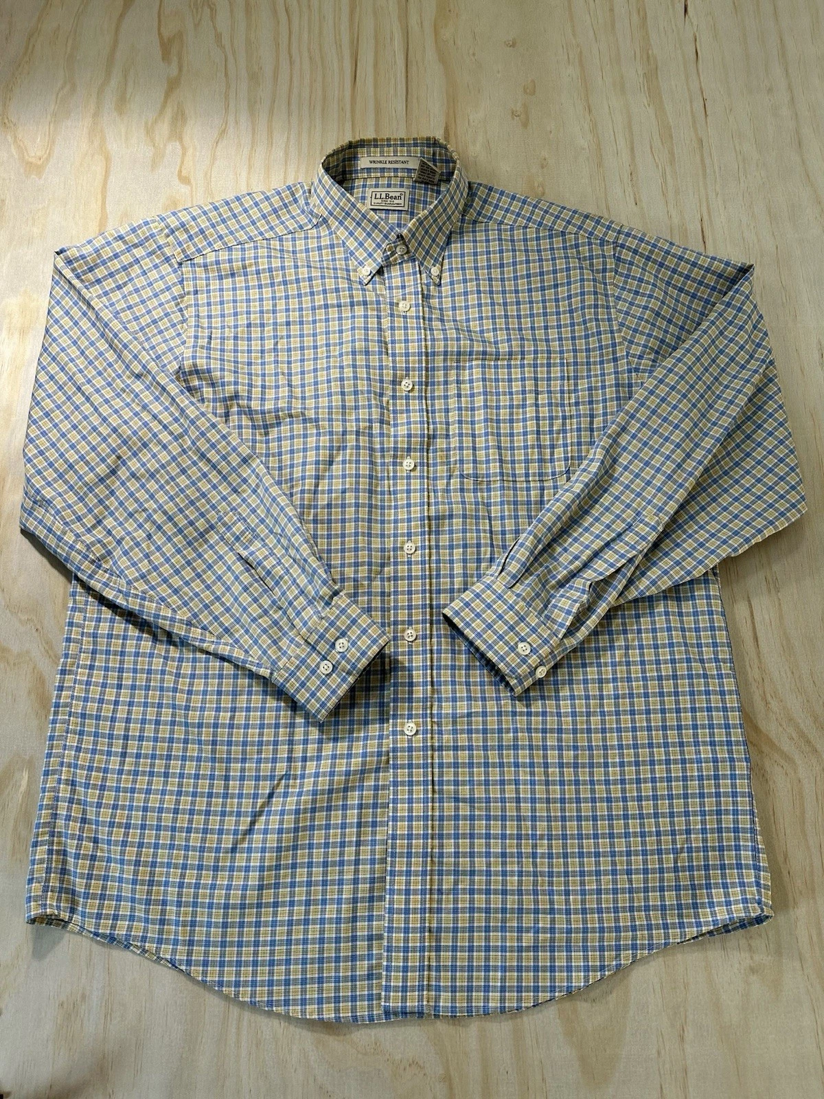 L.L. Bean Men’s Large Regular Shirt Blue Yellow Plaid Wrinkle Resistant 0MT78 L