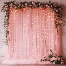 10x8FT Pink Tulle Backdrop Fairy Lights Sheer Curtain Drapes Photo Decor