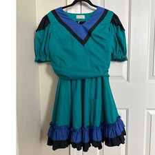Vtg Sherry Reynolds Square Dance Set Teal Blue Black Ruffled Skirt Top Medium