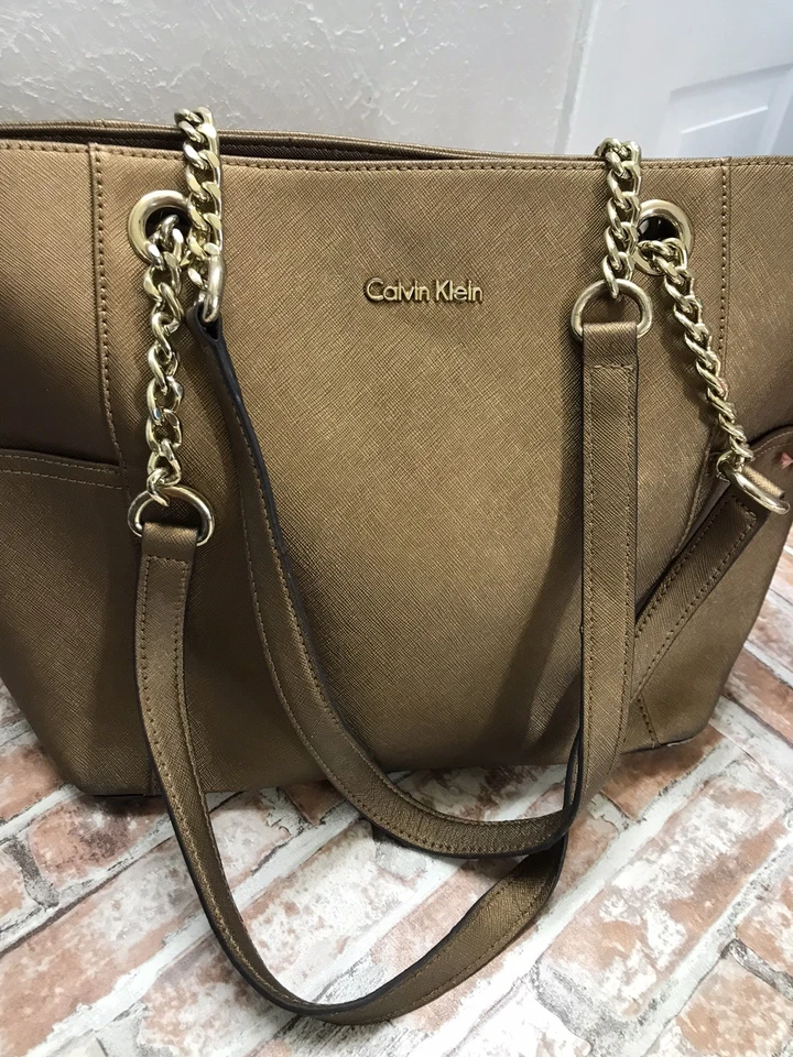 Calvin Klein Metallic Gold Saffiano CHAIN STRAP Leather Tote Bag HANDBAG 10x15x4 - Image 2 of 4