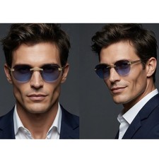 Mens Rimless Gold Textured Sunglasses Navy Blue Gradient Lens Luxury Style Retro