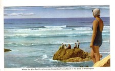 Blue Pacific rolls across sands Long Beach Washington Girl Swimsuit Postcard