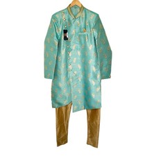 Mens Indian Sherwani Kurta Set 42 44 Turquoise Gold Brocade Wedding Formal