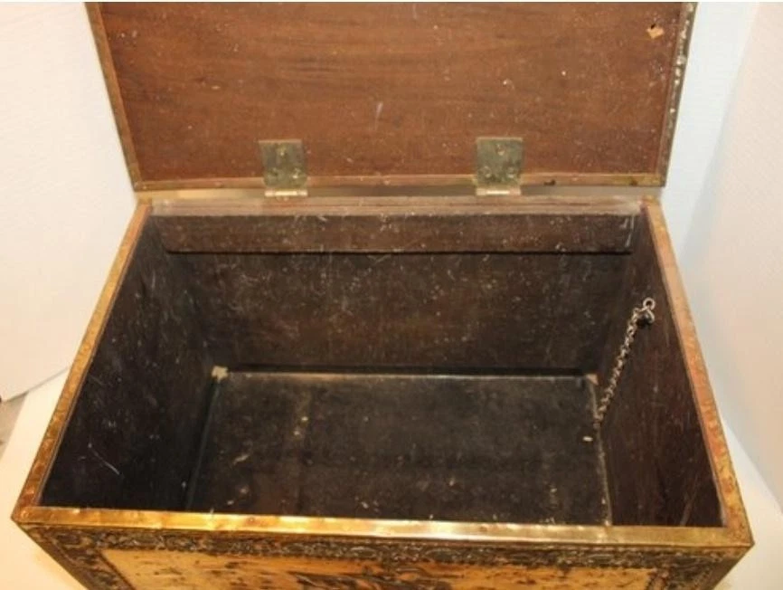 Vintage Embossed Brass Wood Treasure Chest Trunk Nautical Ship Scene Dome Lid - Image 3 of 4