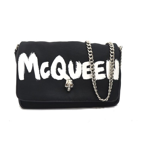 (NO CUSTOMS TAX) ALEXANDER MCQUEEN Skull Black nylon Graffiti logo bag authentic
