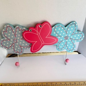 VTG Kids Butterfly Flower Wall Hook Rack Decor Teal Pink Glitter Sparkle