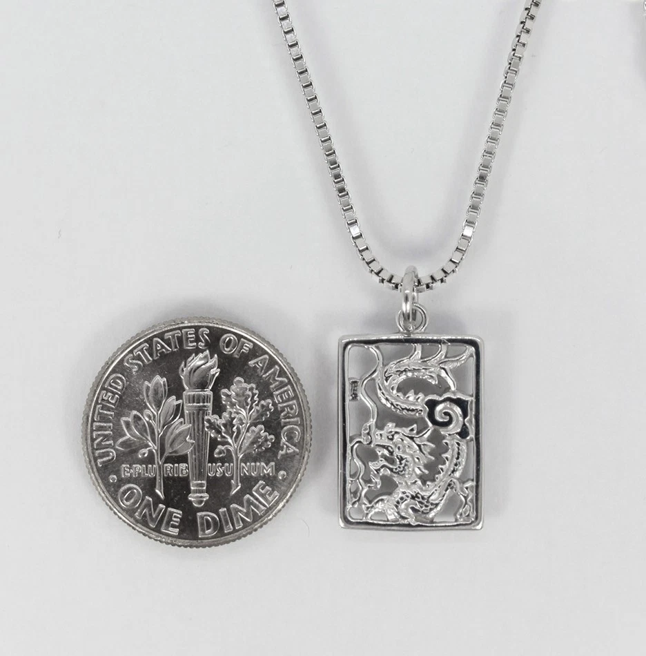 Dije colgante rectángulo dragón plata 925 recorte rodio hecho a mano en EE. UU. Foto 3 de 4