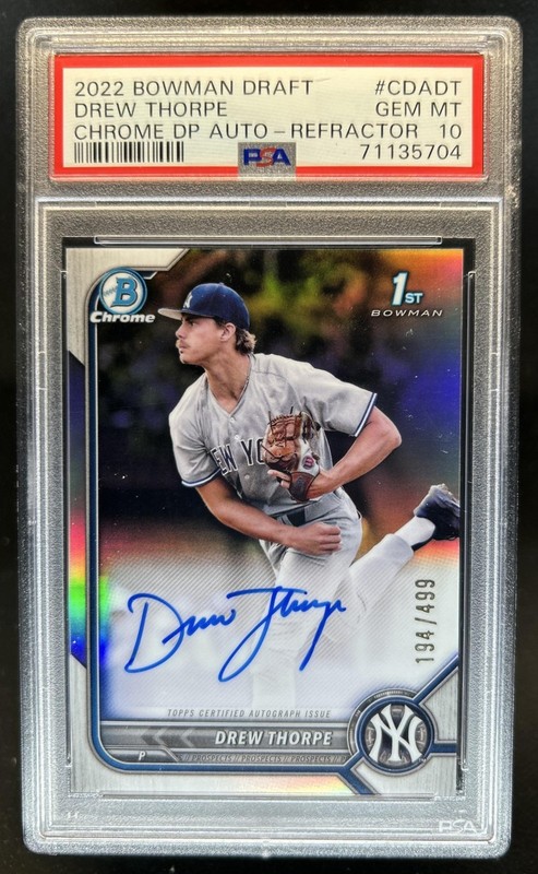 2022 Bowman Draft Drew Thorpe Chrome Auto 1st Refractor #/499 Yankees PSA 10