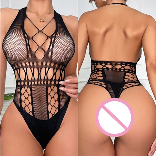 Women's Deep V Fishnet Hollow Bodysuit Sexy See Though Lingerie Clubwear - Picture 2 of 11