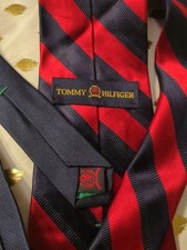 Tommy Hilfiger Tie 100 Silk USA Red Blue Stripes VTG TOMMY Logo