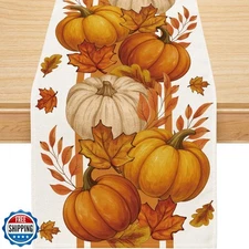 Fall Table Runner, Maple Leaf Orange Pumpkin Table Runner Seasonal Autumn Tha