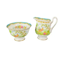 VTG Royal Albert CHELSEA BIRD Teal Blue MINI Round OPEN SUGAR BOWL & CREAMER Set