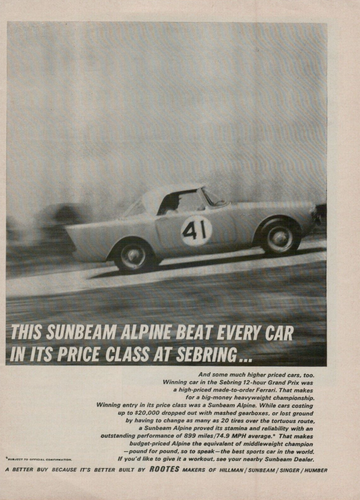 1962 Sunbeam Alpine Price Class Winner Sebring Champion Photo Vintage Print Ad