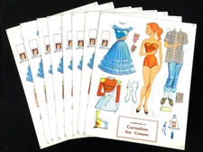 Vintage * ( 9 ) Advertising Carnation Ice Cream Paper Doll Cards Unpunched